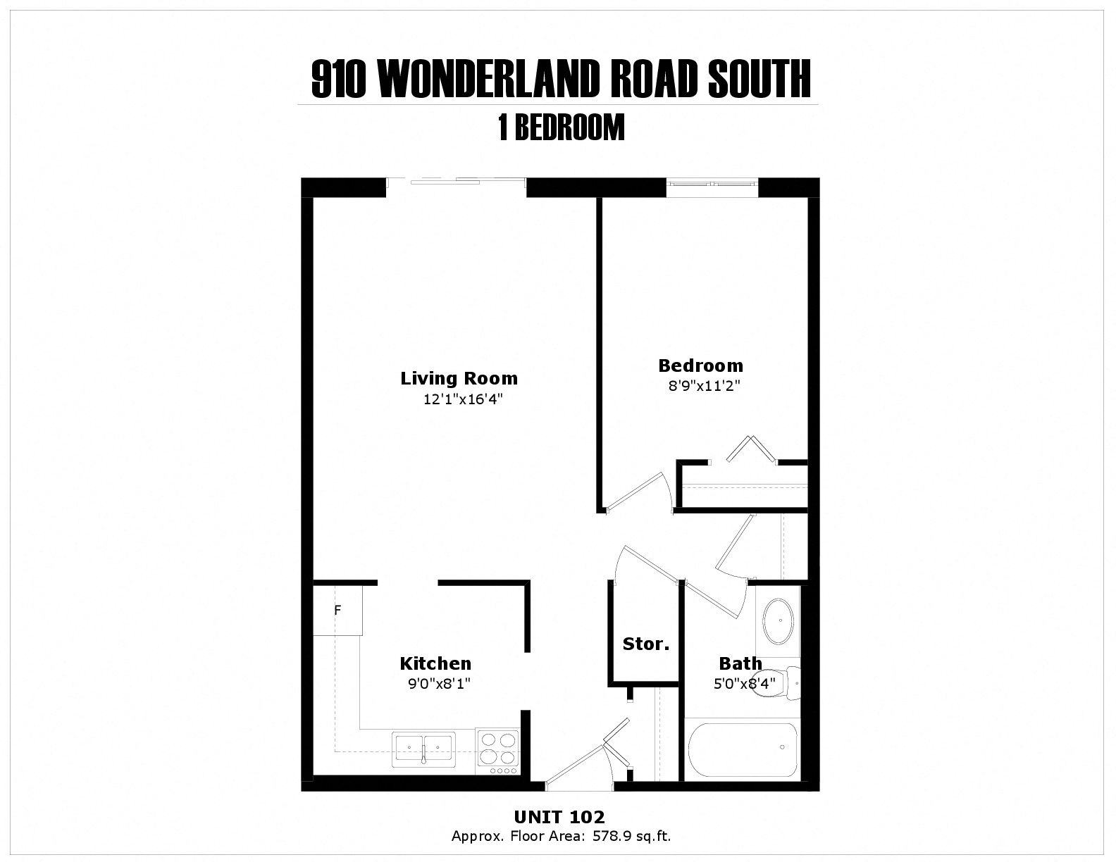 Floor plan for 1 bed, 1 bath, 580 sqft